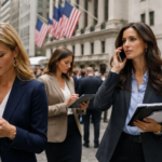 Investors standing outside stock exchange in Wall Street