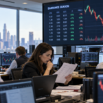 Wall Street analysts review earnings reports and market screens during a busy US earnings season.