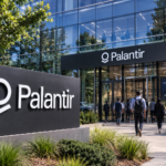 Palantir office exterior with the company’s name displayed prominently on a modern corporate building.